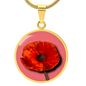 Poppy Birth Flower August Graphic Epoxy Disc Necklace. Clear shiny epoxy shows a red petal flower with a dark canter on a lighter pink background. The jewellery is made of high quality surgical steel or with an 18k gold finish option with an option to engrave a short love you message or special date. Luxury Necklace: 18-22" (45-56cm) adjustable
Circle Pendant: 0.9” x 0.9” (23.5mm x 23.5mm)