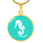Dainty Sea Horse Circle Necklace, Turquoise Personalized Engraved Circle Necklace. Polished surgical steel or with an 18k gold finish option. Necklace: 18-22" adjustable.
Circle Pendant: 0.9” x 0.9” (23.5mm x 23.5mm)