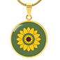 Summer Sunflower on dill green background disc Necklace, Personalized Engraved Circle Necklace. Polished surgical steel or with an 18k gold finish option. Necklace: 18-22" adjustable.
Circle Pendant: 0.9” x 0.9” (23.5mm x 23.5mm)