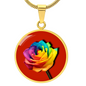 Rainbow Rose Graphic Necklace. A rainbow rose symbolises joy, diversity, and hope. Because of its vibrant mix of colours, it represents happiness, positivity, and inclusivity. Our patent-pending jewellery is made of high quality surgical steel or with an 18k gold finish option. Perfect Gift For:
Birthdays & Anniversaries
Pride Celebrations
Mother’s Day & Valentine’s Day
Someone who brightens your life!