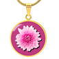 Chrysanthemums Birth Flower November Graphic Epoxy Disc Necklace. Clear shiny epoxy shows a two tone light pink petal flower on a darker pink background. The jewellery is made of high quality surgical steel or with an 18k gold finish option with an option to engrave a short love you message or special date. Luxury Necklace: 18-22" (45-56cm) adjustable
Circle Pendant: 0.9” x 0.9” (23.5mm x 23.5mm)