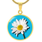 Daisy Birth Flower April Graphic Epoxy Disc Necklace. Clear shiny epoxy shows a white petal flower with yellow canter on a light blue background. The jewellery is made of high quality surgical steel or with an 18k gold finish option with an option to engrave a short love you message or special date. Luxury Necklace: 18-22" (45-56cm) adjustable
Circle Pendant: 0.9” x 0.9” (23.5mm x 23.5mm)