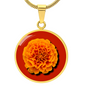 Marigold Birth Flower October Graphic Epoxy Disc Necklace. Clear shiny epoxy shows an orange petal flower on a darker red background. The jewellery is made of high quality surgical steel or with an 18k gold finish option with an option to engrave a short love you message or special date. Luxury Necklace: 18-22" (45-56cm) adjustable
Circle Pendant: 0.9” x 0.9” (23.5mm x 23.5mm)