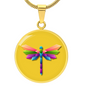 Colourful Dragonfly Graphic Personalised Engraved Disc Necklace on yellow butter background. Polished surgical steel or with an 18k gold finish option. Necklace: 18-22" adjustable.
Circle Pendant: 0.9” x 0.9” (23.5mm x 23.5mm)