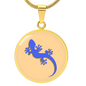 Electric Blue Gecko Graphic Personalised Engraved Disc Necklace on light caramel background. Polished surgical steel or with an 18k gold finish option. Necklace: 18-22" adjustable.
Circle Pendant: 0.9” x 0.9” (23.5mm x 23.5mm)