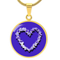 Violet Birth Flower February Graphic Epoxy Disc Necklace. Clear shiny epoxy shows purple and white violets in the shape of a heart on a Purple background. The jewellery is made of high quality surgical steel or with an 18k gold finish option with an option to engrave a short love you message or special date. Luxury Necklace: 18-22" (45-56cm) adjustable
Circle Pendant: 0.9” x 0.9” (23.5mm x 23.5mm)