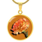 Carnation Birth Flower January Graphic Epoxy Disc Necklace. Clear shiny epoxy shows an orange flower on a green stalk with a darker orange background. The jewellery is made of high quality surgical steel or with an 18k gold finish option with an option to engrave a short love you message or special date. Luxury Necklace: 18-22" (45-56cm) adjustable
Circle Pendant: 0.9” x 0.9” (23.5mm x 23.5mm)