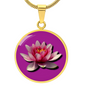 Water Lily Birth Flower July Graphic Epoxy Disc Necklace. Clear shiny epoxy shows a light pink petal flower on a darker pink background. The jewellery is made of high quality surgical steel or with an 18k gold finish option with an option to engrave a short love you message or special date. Luxury Necklace: 18-22" (45-56cm) adjustable
Circle Pendant: 0.9” x 0.9” (23.5mm x 23.5mm)