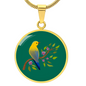 Colourful Bird Personalized Engraved Circle Necklace on emerald green background. Polished surgical steel or with an 18k gold finish option. Necklace: 18-22" adjustable.
Circle Pendant: 0.9” x 0.9” (23.5mm x 23.5mm)