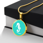Dainty Sea Horse Circle Necklace, Turquoise Personalized Engraved Circle Necklace. Polished surgical steel or with an 18k gold finish option. Necklace: 18-22" adjustable.
Circle Pendant: 0.9” x 0.9” (23.5mm x 23.5mm)