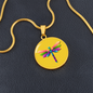 Colourful Dragonfly Graphic Personalised Engraved Disc Necklace on yellow butter background. Polished surgical steel or with an 18k gold finish option. Necklace: 18-22" adjustable.
Circle Pendant: 0.9” x 0.9” (23.5mm x 23.5mm)