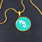 Dainty Sea Horse Circle Necklace, Turquoise Personalized Engraved Circle Necklace. Polished surgical steel or with an 18k gold finish option. Necklace: 18-22" adjustable.
Circle Pendant: 0.9” x 0.9” (23.5mm x 23.5mm)