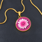 Chrysanthemums Birth Flower November Graphic Epoxy Disc Necklace. Clear shiny epoxy shows a two tone light pink petal flower on a darker pink background. The jewellery is made of high quality surgical steel or with an 18k gold finish option with an option to engrave a short love you message or special date. Luxury Necklace: 18-22" (45-56cm) adjustable
Circle Pendant: 0.9” x 0.9” (23.5mm x 23.5mm)