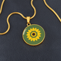 Summer Sunflower on dill green background disc Necklace, Personalized Engraved Circle Necklace. Polished surgical steel or with an 18k gold finish option. Necklace: 18-22" adjustable.
Circle Pendant: 0.9” x 0.9” (23.5mm x 23.5mm)