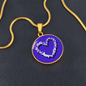 Violet Birth Flower February Graphic Epoxy Disc Necklace. Clear shiny epoxy shows purple and white violets in the shape of a heart on a Purple background. The jewellery is made of high quality surgical steel or with an 18k gold finish option with an option to engrave a short love you message or special date. Luxury Necklace: 18-22" (45-56cm) adjustable
Circle Pendant: 0.9” x 0.9” (23.5mm x 23.5mm)