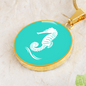 Dainty Sea Horse Circle Necklace, Turquoise Personalized Engraved Circle Necklace. Polished surgical steel or with an 18k gold finish option. Necklace: 18-22" adjustable.
Circle Pendant: 0.9” x 0.9” (23.5mm x 23.5mm)