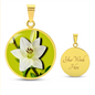 Lily Birth Flower May Graphic Epoxy Disc Necklace. Clear shiny epoxy shows a white petal flower with green stem on a lime green background. The jewellery is made of high quality surgical steel or with an 18k gold finish option with an option to engrave a short love you message or special date. Luxury Necklace: 18-22" (45-56cm) adjustable
Circle Pendant: 0.9” x 0.9” (23.5mm x 23.5mm)