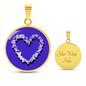 Violet Birth Flower February Graphic Epoxy Disc Necklace. Clear shiny epoxy shows purple and white violets in the shape of a heart on a Purple background. The jewellery is made of high quality surgical steel or with an 18k gold finish option with an option to engrave a short love you message or special date. Luxury Necklace: 18-22" (45-56cm) adjustable
Circle Pendant: 0.9” x 0.9” (23.5mm x 23.5mm)