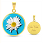 Daisy Birth Flower April Graphic Epoxy Disc Necklace. Clear shiny epoxy shows a white petal flower with yellow canter on a light blue background. The jewellery is made of high quality surgical steel or with an 18k gold finish option with an option to engrave a short love you message or special date. Luxury Necklace: 18-22" (45-56cm) adjustable
Circle Pendant: 0.9” x 0.9” (23.5mm x 23.5mm)