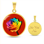 Rainbow Rose Graphic Necklace. A rainbow rose symbolises joy, diversity, and hope. Because of its vibrant mix of colours, it represents happiness, positivity, and inclusivity. Our patent-pending jewellery is made of high quality surgical steel or with an 18k gold finish option. Perfect Gift For:
Birthdays & Anniversaries
Pride Celebrations
Mother’s Day & Valentine’s Day
Someone who brightens your life!