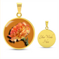 Carnation Birth Flower January Graphic Epoxy Disc Necklace. Clear shiny epoxy shows an orange flower on a green stalk with a darker orange background. The jewellery is made of high quality surgical steel or with an 18k gold finish option with an option to engrave a short love you message or special date. Luxury Necklace: 18-22" (45-56cm) adjustable
Circle Pendant: 0.9” x 0.9” (23.5mm x 23.5mm)