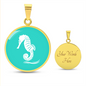 Dainty Sea Horse Circle Necklace, Turquoise Personalized Engraved Circle Necklace. Polished surgical steel or with an 18k gold finish option. Necklace: 18-22" adjustable.
Circle Pendant: 0.9” x 0.9” (23.5mm x 23.5mm)