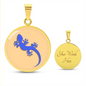 Electric Blue Gecko Graphic Personalised Engraved Disc Necklace on light caramel background. Polished surgical steel or with an 18k gold finish option. Necklace: 18-22" adjustable.
Circle Pendant: 0.9” x 0.9” (23.5mm x 23.5mm)