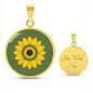 Summer Sunflower on dill green background disc Necklace, Personalized Engraved Circle Necklace. Polished surgical steel or with an 18k gold finish option. Necklace: 18-22" adjustable.
Circle Pendant: 0.9” x 0.9” (23.5mm x 23.5mm)