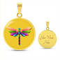 Colourful Dragonfly Graphic Personalised Engraved Disc Necklace on yellow butter background. Polished surgical steel or with an 18k gold finish option. Necklace: 18-22" adjustable.
Circle Pendant: 0.9” x 0.9” (23.5mm x 23.5mm)
