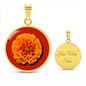 Marigold Birth Flower October Graphic Epoxy Disc Necklace. Clear shiny epoxy shows an orange petal flower on a darker red background. The jewellery is made of high quality surgical steel or with an 18k gold finish option with an option to engrave a short love you message or special date. Luxury Necklace: 18-22" (45-56cm) adjustable
Circle Pendant: 0.9” x 0.9” (23.5mm x 23.5mm)