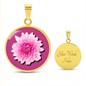 Chrysanthemums Birth Flower November Graphic Epoxy Disc Necklace. Clear shiny epoxy shows a two tone light pink petal flower on a darker pink background. The jewellery is made of high quality surgical steel or with an 18k gold finish option with an option to engrave a short love you message or special date. Luxury Necklace: 18-22" (45-56cm) adjustable
Circle Pendant: 0.9” x 0.9” (23.5mm x 23.5mm)
