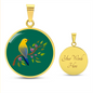 Colourful Bird Personalized Engraved Circle Necklace on emerald green background. Polished surgical steel or with an 18k gold finish option. Necklace: 18-22" adjustable.
Circle Pendant: 0.9” x 0.9” (23.5mm x 23.5mm)