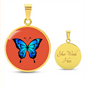 Stunning Blue Butterfly Personalised Engraved Circle Necklace on terracotta orange background. Polished surgical steel or with an 18k gold finish option. Necklace: 18-22" adjustable.
Circle Pendant: 0.9” x 0.9” (23.5mm x 23.5mm)