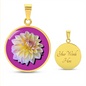 Aster Birth Flower September Graphic Epoxy Disc Necklace. Clear shiny epoxy shows a light yellow petal flower on a lighter pink background. The jewellery is made of high quality surgical steel or with an 18k gold finish option with an option to engrave a short love you message or special date. Luxury Necklace: 18-22" (45-56cm) adjustable
Circle Pendant: 0.9” x 0.9” (23.5mm x 23.5mm)