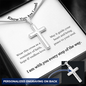 Personalised Engraved Cross Pendant Necklace with Inspirational Message Card that carries deep significance for the wearer. The gorgeous Polished Stainless Steel Cross can be further personalised on the back with a name, date, or short message up to 20 characters.