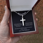 Cross Engraved Pendant With Snake Chain Necklace for your boyfriend. Crafted in high polished stainless steel, this piece will resist tarnishing and is hypoallergenic for sensitive skin. Includes a luxury adjustable snake chain (18" - 22") and attaches with an easy to use lobster clasp.