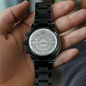 Engraved Black Chronograph Watch, a fun groomsmen gift featuring a three-dial face, calendar function, and luxury pointer in a water-resistant and scratch-proof vessel. Made from high-quality Stainless Steel and featuring a Copper Dial. Ships in a gift box - so it can be sent directly to your lucky recipient