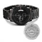 Engraved Black Chronograph Watch, a fun groomsmen gift featuring a three-dial face, calendar function, and luxury pointer in a water-resistant and scratch-proof vessel. Made from high-quality Stainless Steel and featuring a Copper Dial. Ships in a gift box - so it can be sent directly to your lucky recipient.