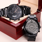 Engraved Black Chronograph Watch, a fun groomsmen gift featuring a three-dial face, calendar function, and luxury pointer in a water-resistant and scratch-proof vessel. Made from high-quality Stainless Steel and featuring a Copper Dial. Ships in a gift box - so it can be sent directly to your lucky recipient.
