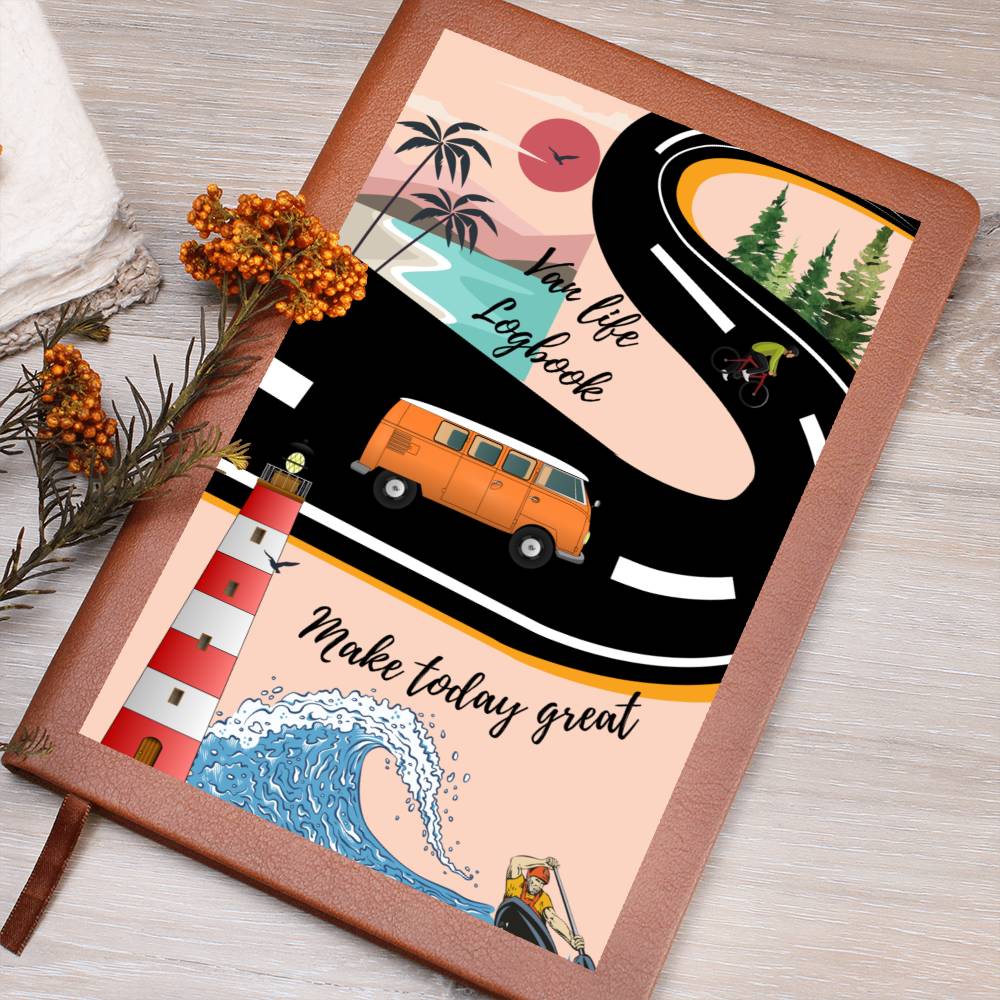 This travel van life Graphic Leather Journal is the perfect accessory for personal reminders, goal setting, or just getting organized. This vegan leather notebook allows you to write on the go thanks to its lightweight design.