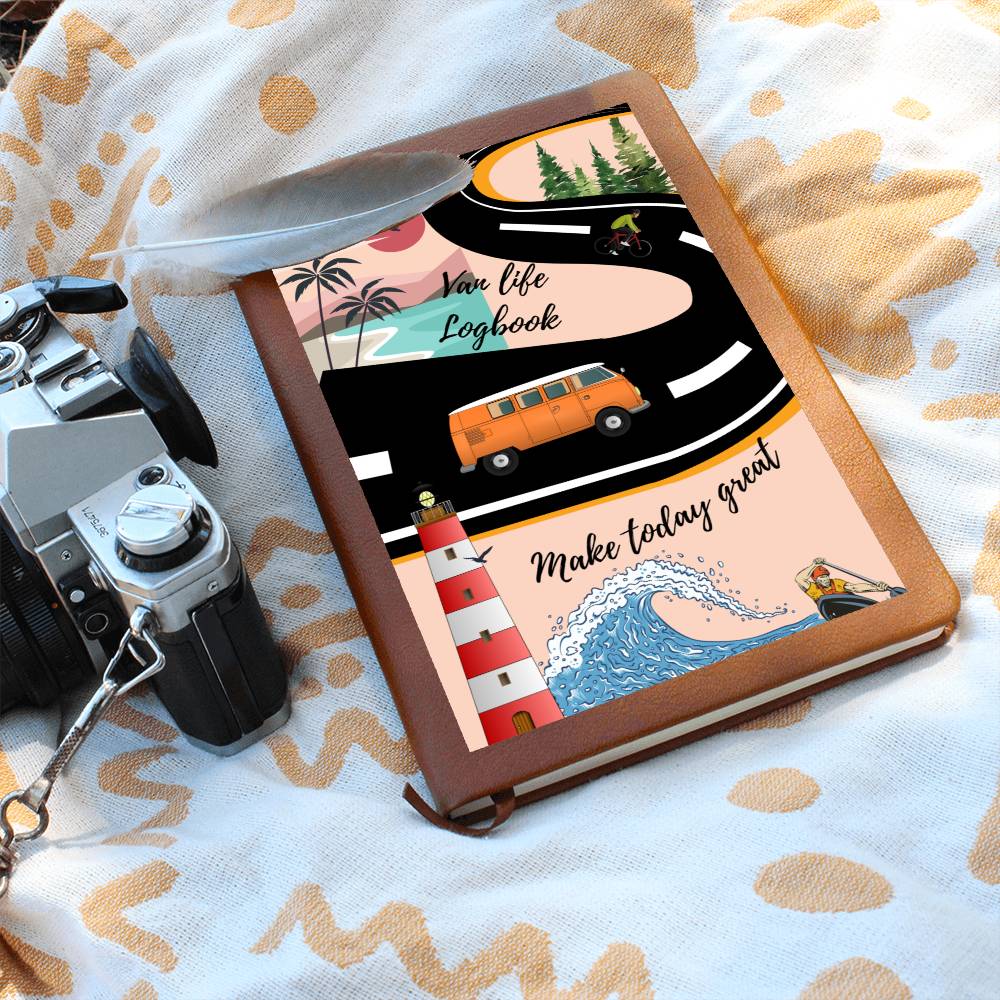 This travel van life Graphic Leather Journal is the perfect accessory for personal reminders, goal setting, or just getting organized. This vegan leather notebook allows you to write on the go thanks to its lightweight design.