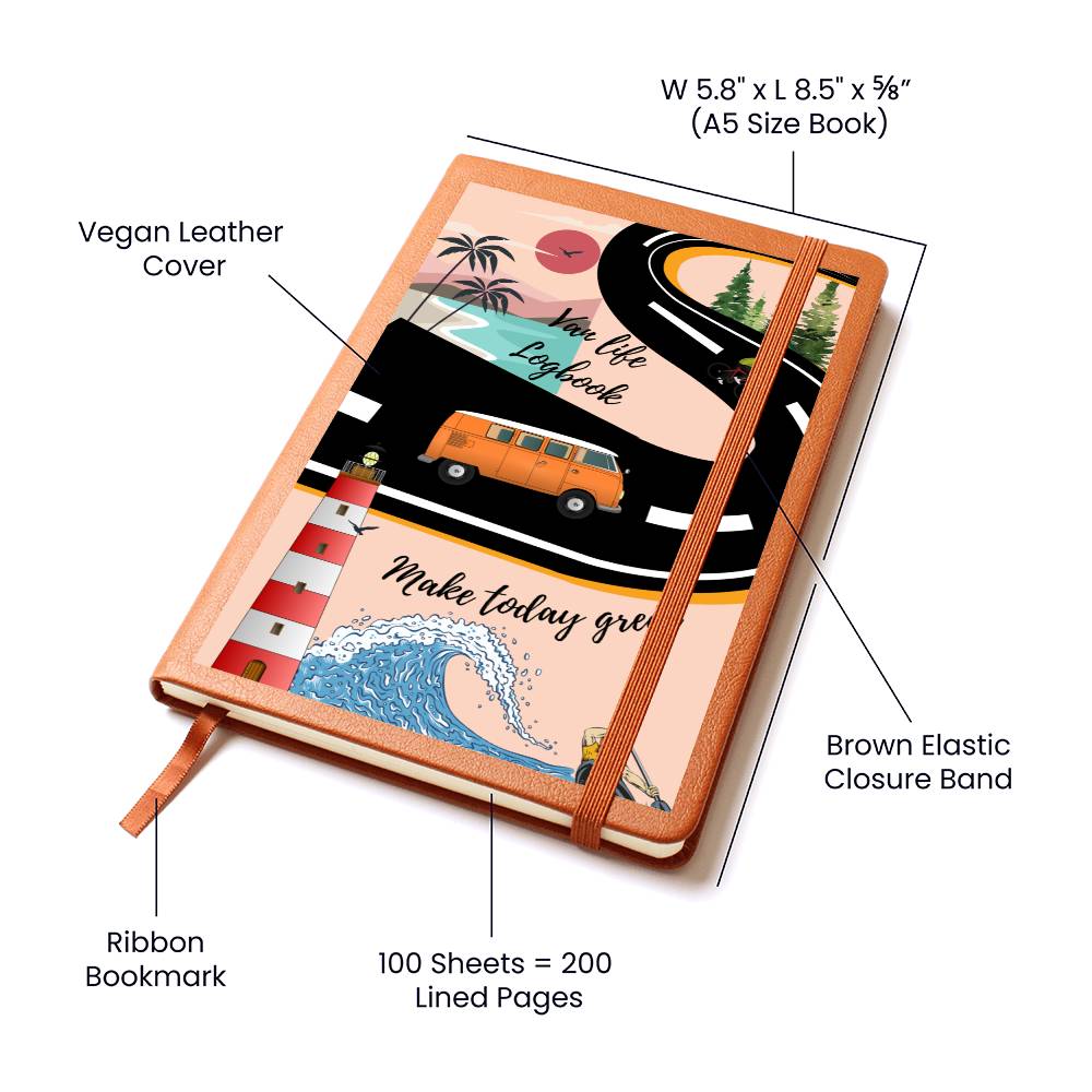 This travel van life Graphic Leather Journal is the perfect accessory for personal reminders, goal setting, or just getting organized. This vegan leather notebook allows you to write on the go thanks to its lightweight design.