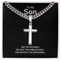 Engraved Son Stainless Steel Cross Necklace On Cuban Chain. Message card reads See the Invisible,
Believe the Unbelievable,
And receive the Impossible. Engrave your short message or date on the back. Chain 18 to 22 inches adjustable.