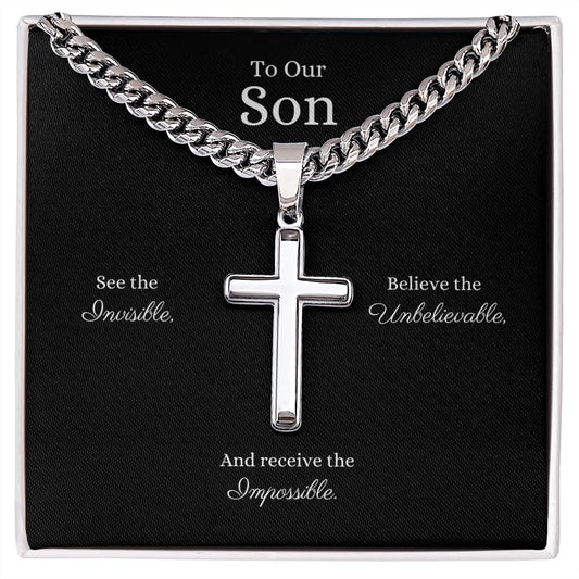Engraved Son Stainless Steel Cross Necklace On Cuban Chain