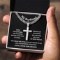 Cuban Chain with Artisan Cross Necklace in a Gift Box. A wonderful boyfriend gift idea with a Personalised message card and Engraving option on the back of the cross pendant.