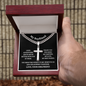 Cuban Chain with Artisan Cross Necklace in a Gift Box. A wonderful boyfriend gift idea with a Personalised message card and Engraving option on the back of the cross pendant.