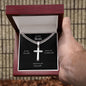Engraved Son Stainless Steel Cross Necklace On Cuban Chain
