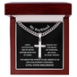 Cuban Chain with Artisan Cross Necklace in a Gift Box. A wonderful boyfriend gift idea with a Personalised message card and Engraving option on the back of the cross pendant.