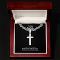 Engraved Son Stainless Steel Cross Necklace On Cuban Chain. Message card reads See the Invisible,
Believe the Unbelievable,
And receive the Impossible. Engrave your short message or date on the back. Chain 18 to 22 inches adjustable.