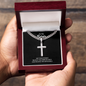 Engraved Son Stainless Steel Cross Necklace On Cuban Chain. Message card reads See the Invisible,
Believe the Unbelievable,
And receive the Impossible. Engrave your short message or date on the back. Chain 18 to 22 inches adjustable.